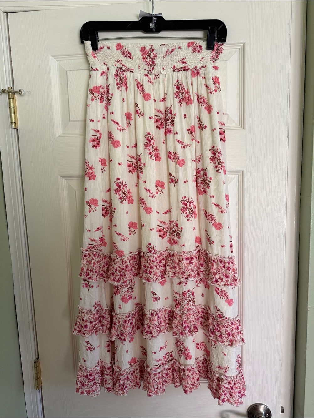 Pink Rose floral tiered maxi skirt XS